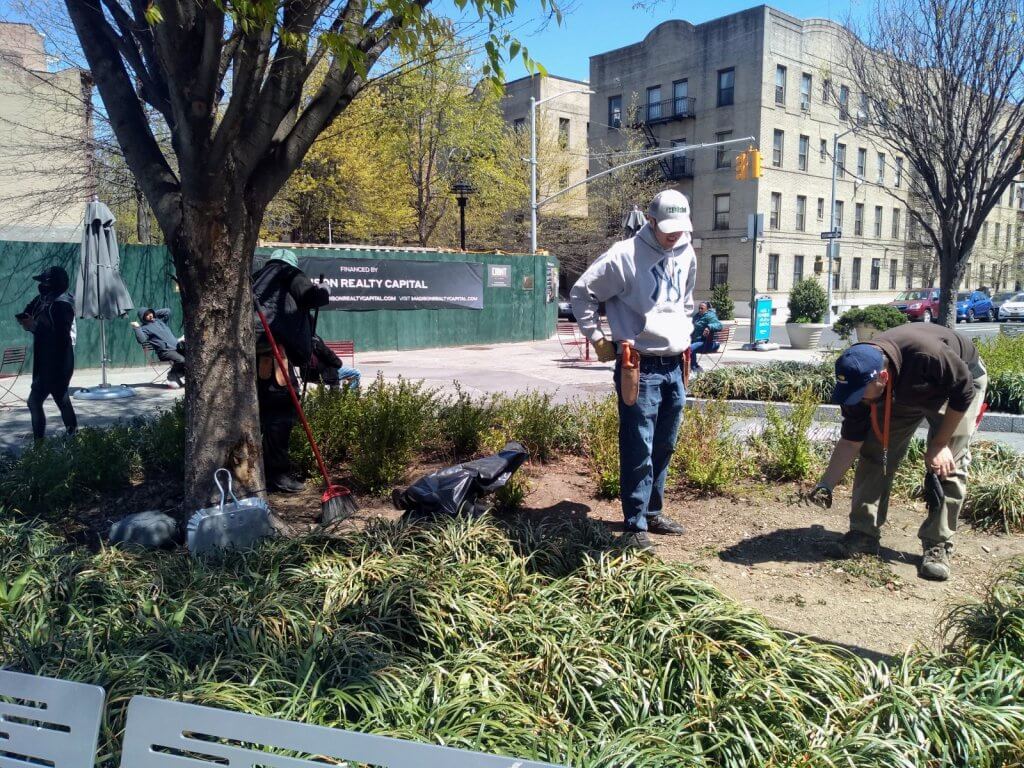 Horticulture staff working in the tree pits at Jitu Weusi Plaza