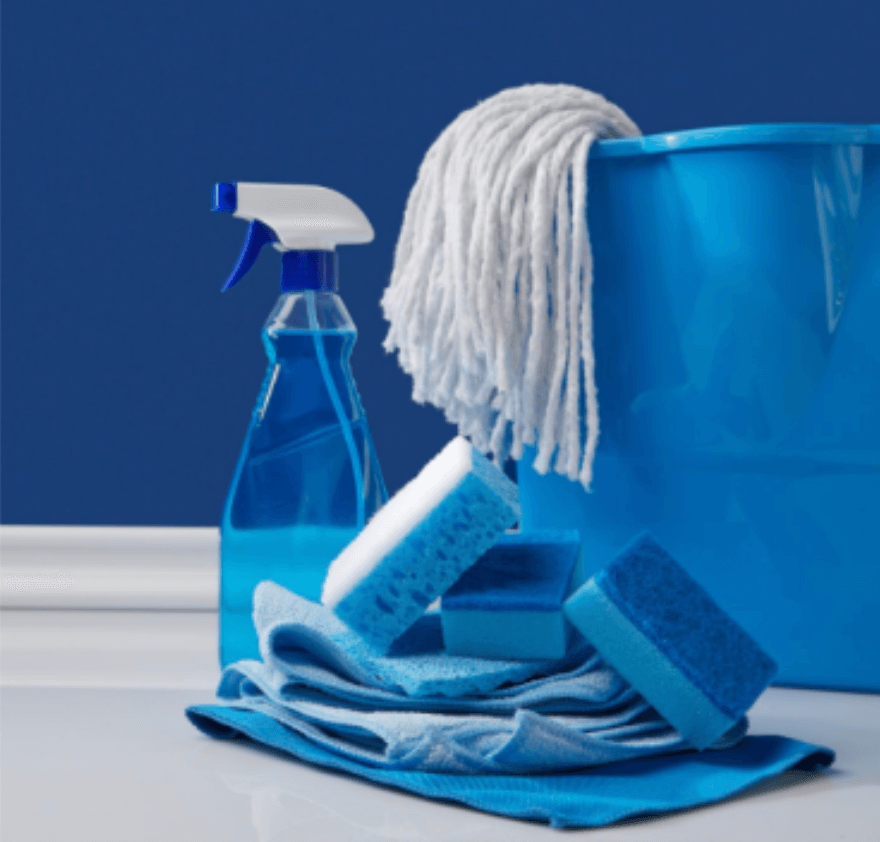 blue cleaning supplies