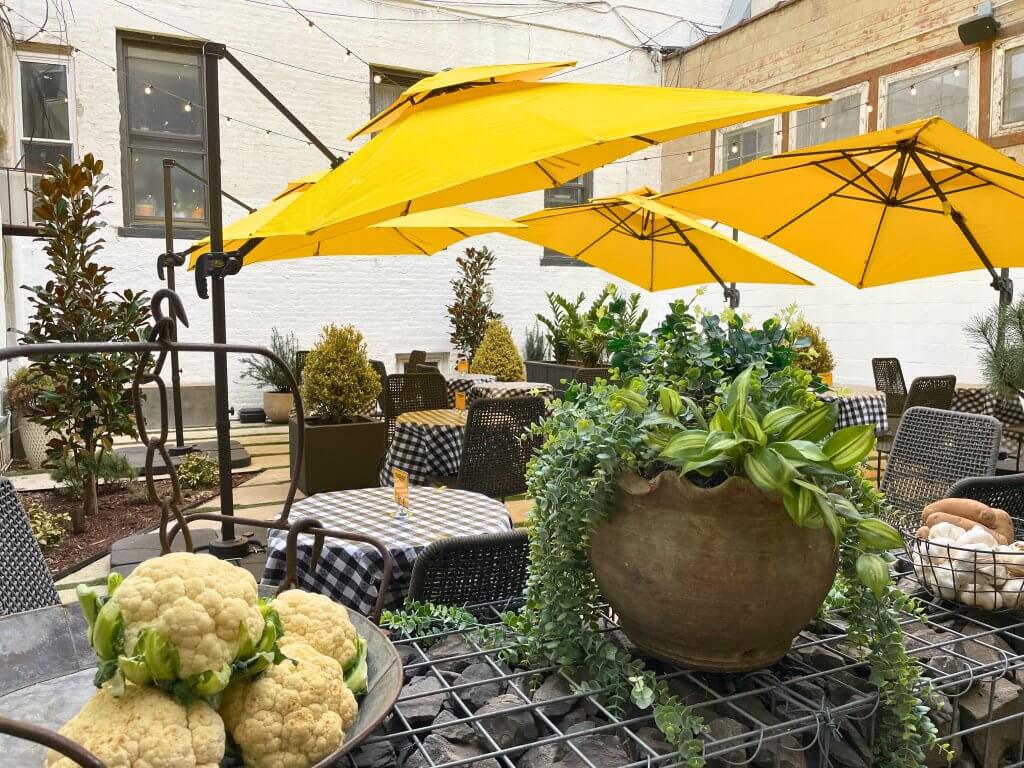 Backyard patio with yellow sun umbrellas, tables and green plants