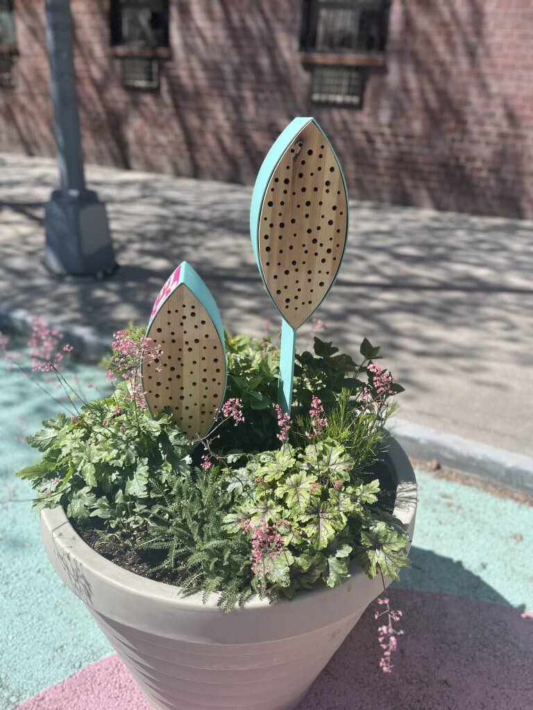 Bee hotels in a planter on Gates Avenue Plaza