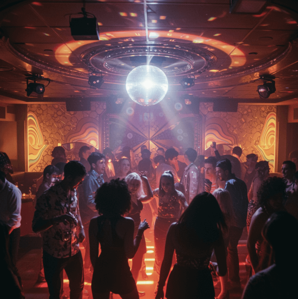 AI illustration of a nightclub scene with mirror ball