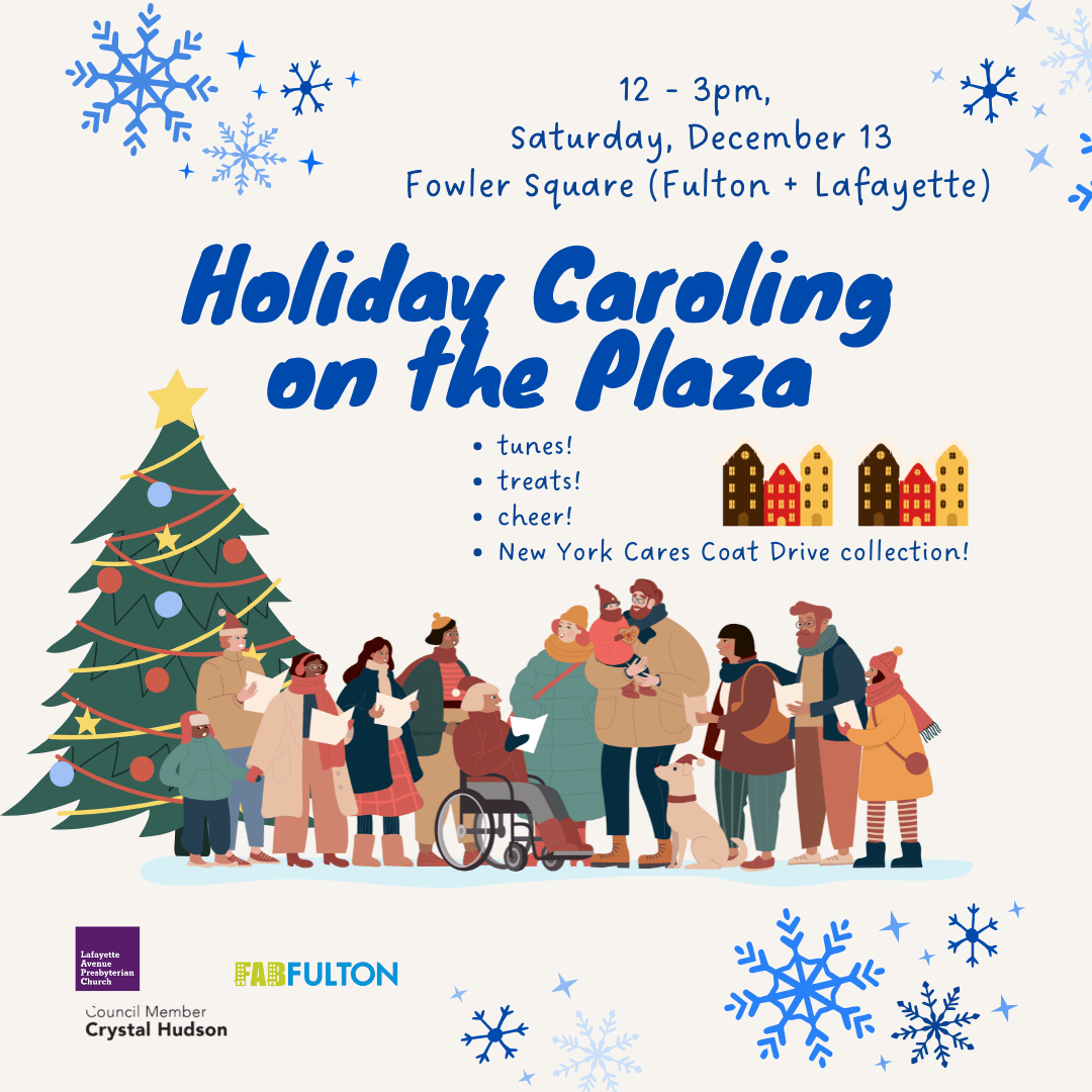 Holiday graphcs featuring animated singers with details about caroling event