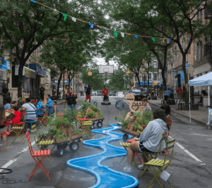 Photo showing people in Open Streets using Oasis water feature