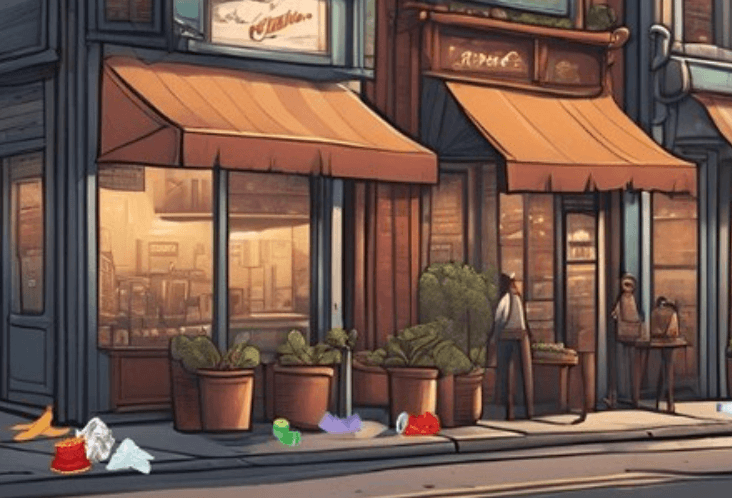 AI image of storefronts with dirty sidewalks